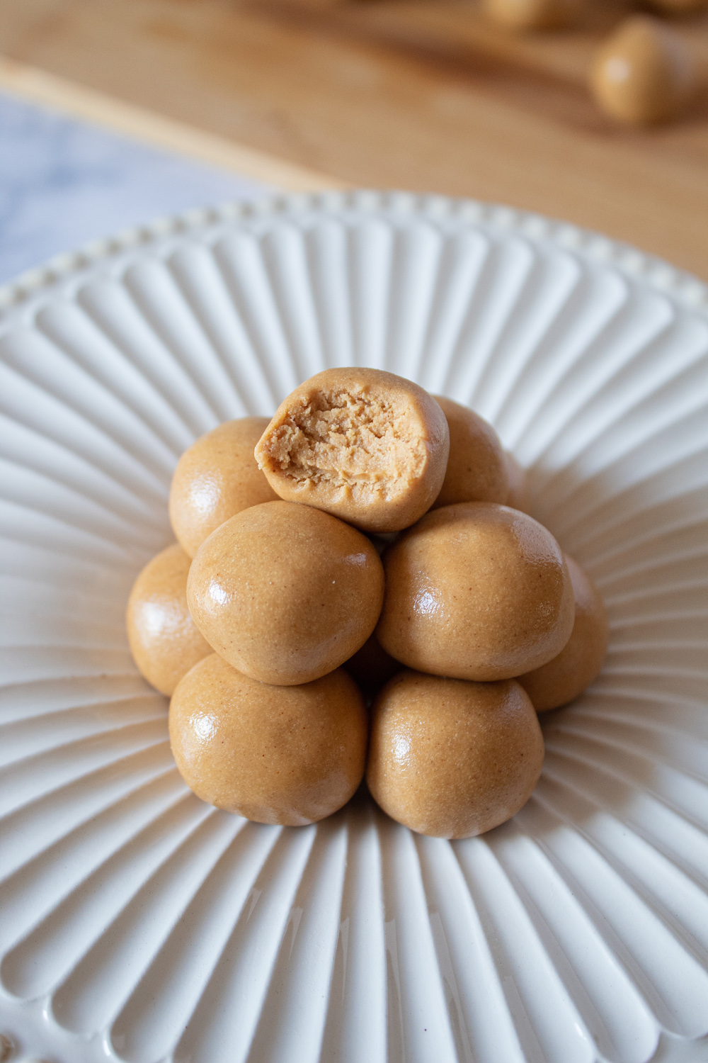 Keto Skippy PB Bites stacked on a plate
