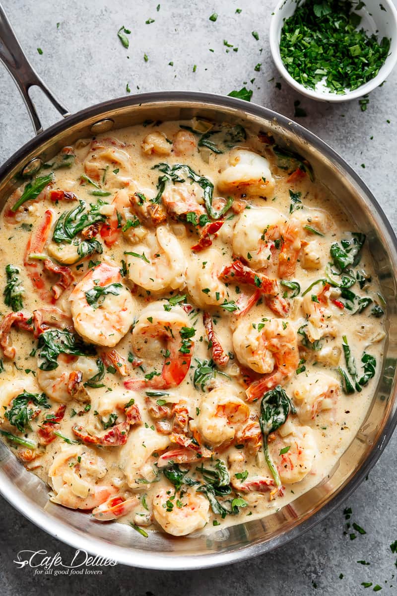creamy garlic butter tuscan shrimp - low carb and Keto approved