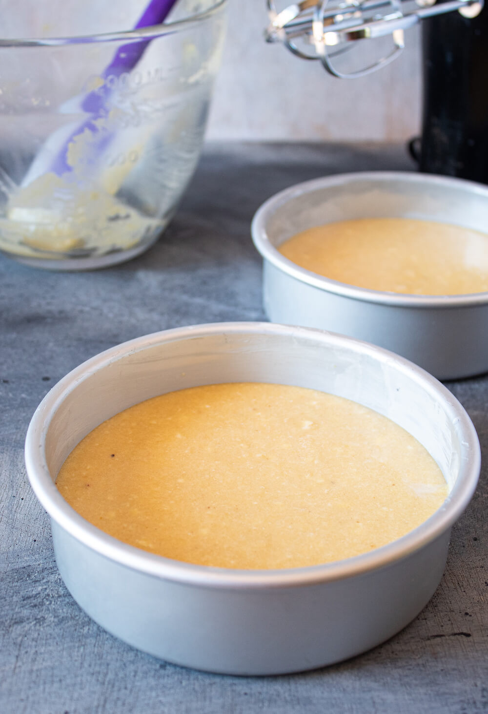 Keto Birthday Cake batter in pans and ready to bake